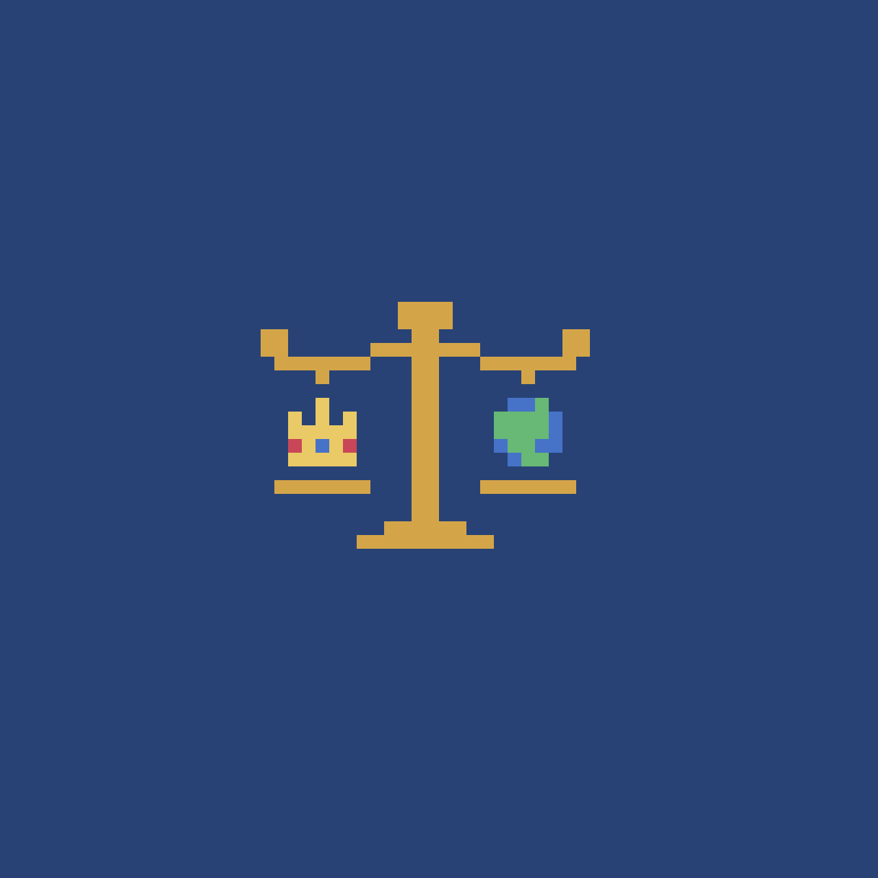 A scale weighing a crown and a small Earth