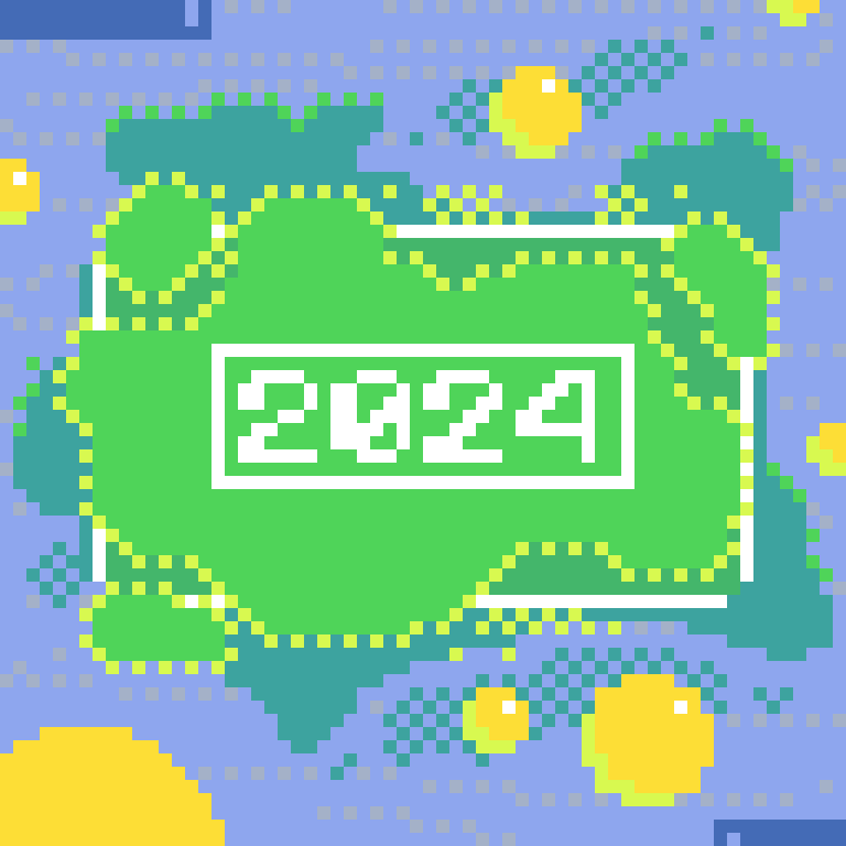 Abstract green and blue splotches with the text "2024"
